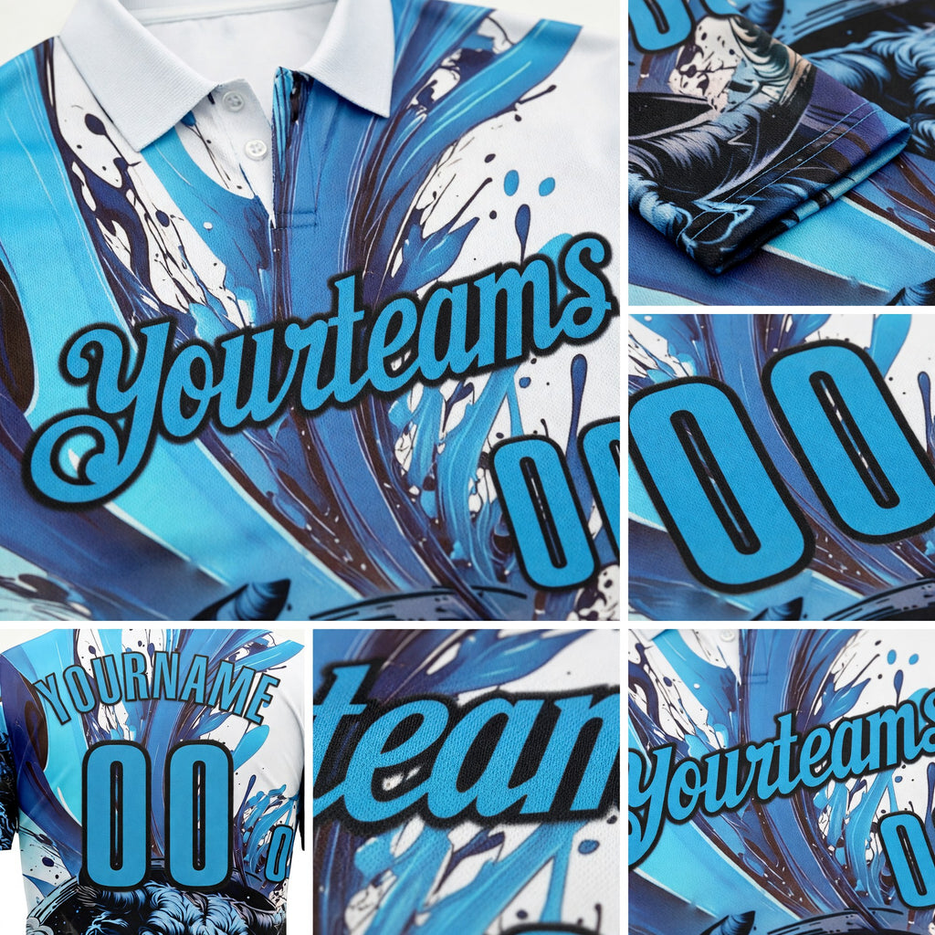 Custom White Sky Blue-Black Darts Bull Dartboard Performance Polo Shirt detail