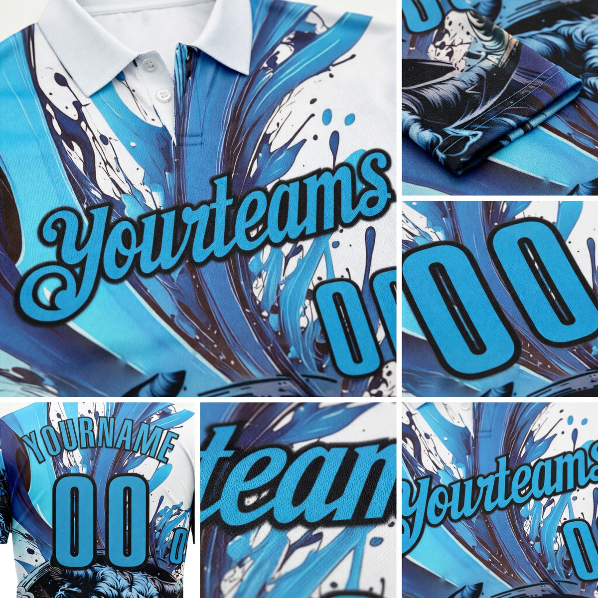 Custom White Sky Blue-Black Darts Bull Dartboard Performance Polo Shirt detail