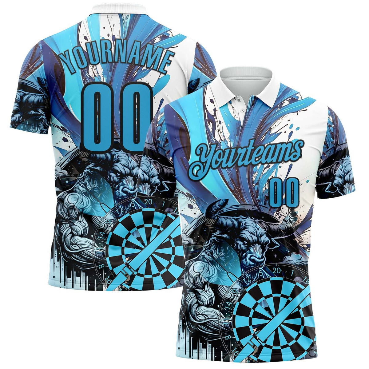 Custom White Sky Blue-Black Darts Bull Dartboard Performance Polo Shirt photo 1