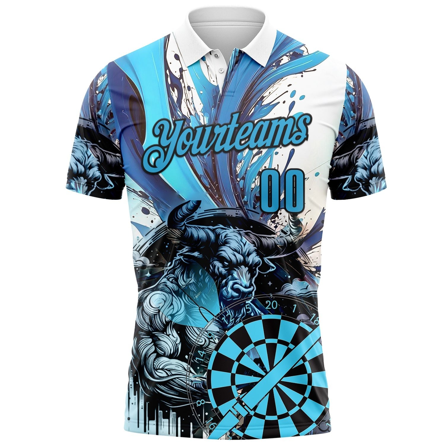 Custom White Sky Blue-Black Darts Bull Dartboard Performance Polo Shirt photo 2
