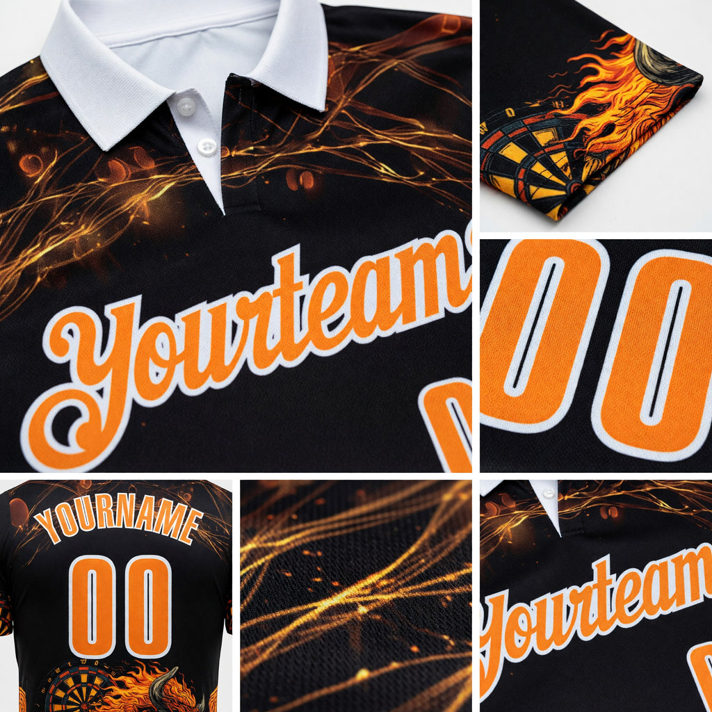 Custom Black Bay Orange-White Darts Bull Dartboard Performance Polo Shirt detail