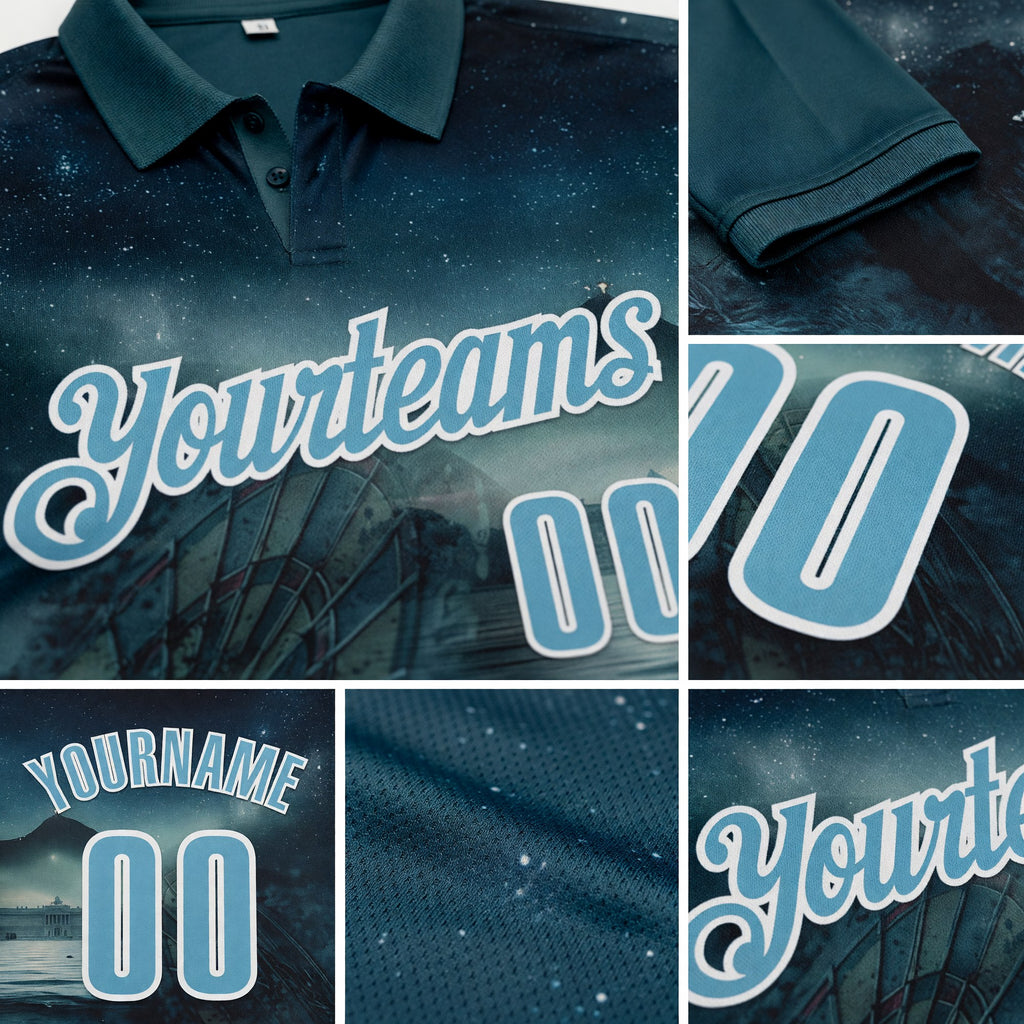 Custom Blue Shadow Blue-White Darts Crocodile Dartboard Performance Polo Shirt detail
