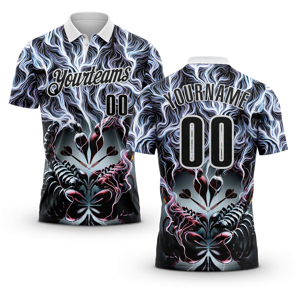 Custom Black-White Darts Scorpion Dartboard Performance Polo Shirt