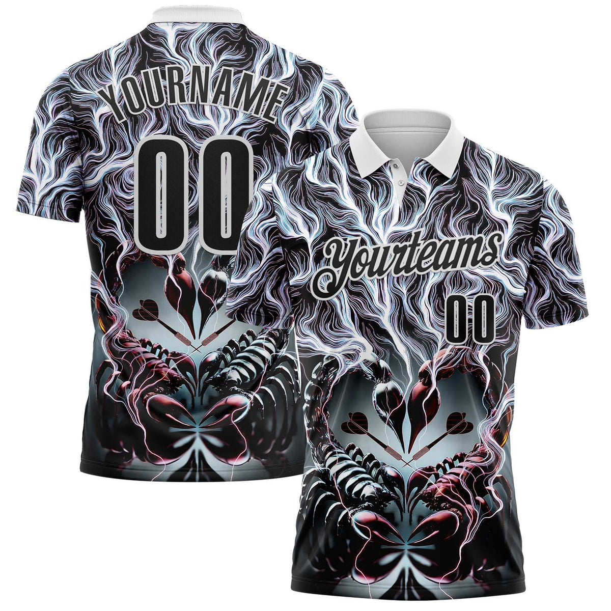 Custom Black-White Darts Scorpion Dartboard Performance Polo Shirt photo 1