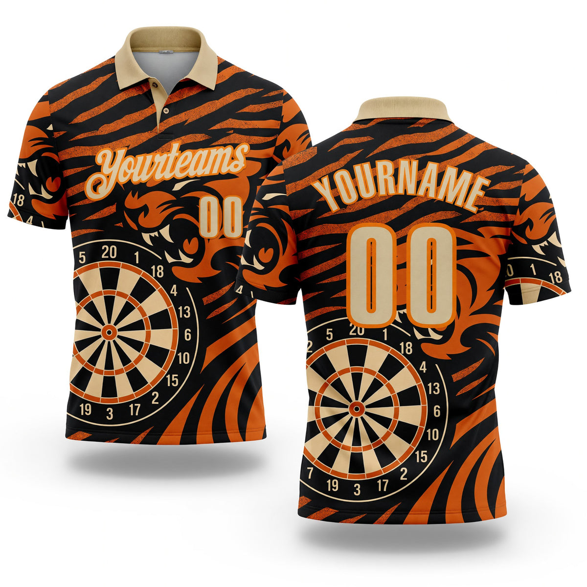 Custom Black Cream Orange-Bay Orange Darts Tiger Dartboard Performance Polo Shirt