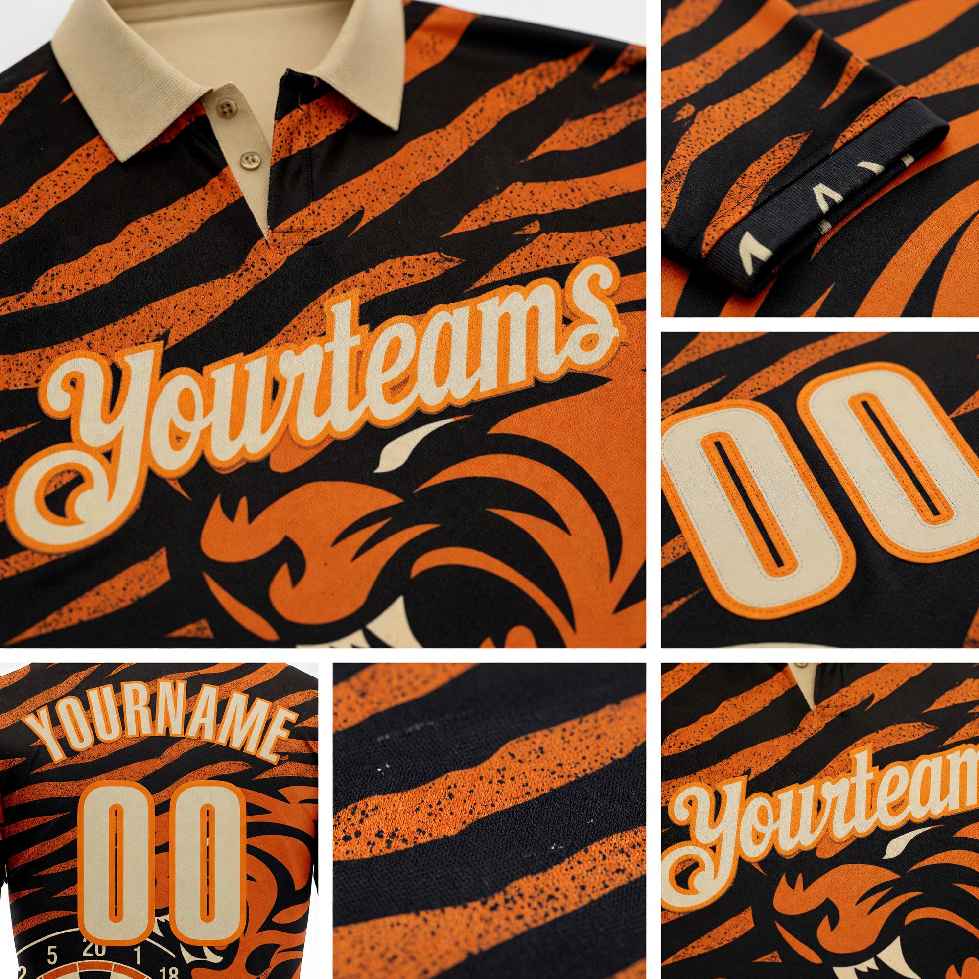 Custom Black Cream Orange-Bay Orange Darts Tiger Dartboard Performance Polo Shirt detail