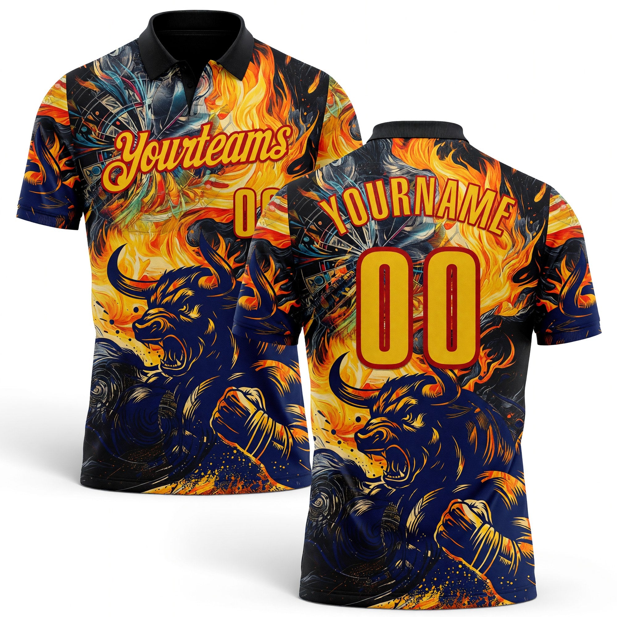Custom Black Yellow-Red Darts Bull Fire Dartboard Performance Polo Shirt