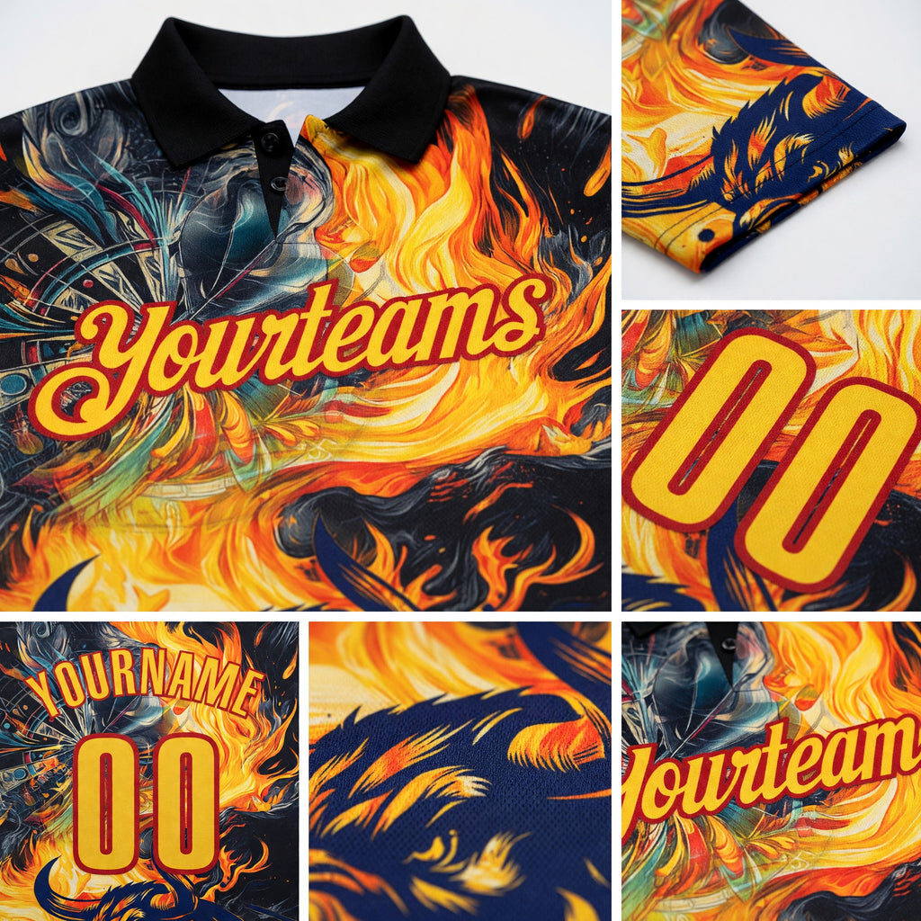 Custom Black Yellow-Red Darts Bull Fire Dartboard Performance Polo Shirt detail