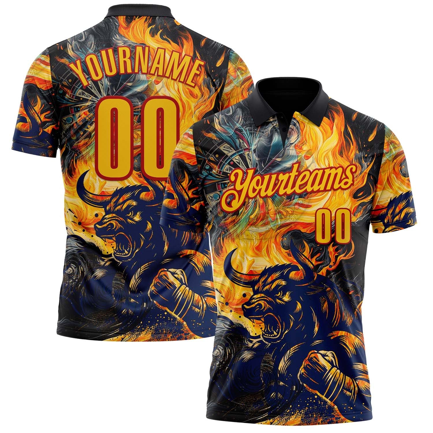 Custom Black Yellow-Red Darts Bull Fire Dartboard Performance Polo Shirt photo 1