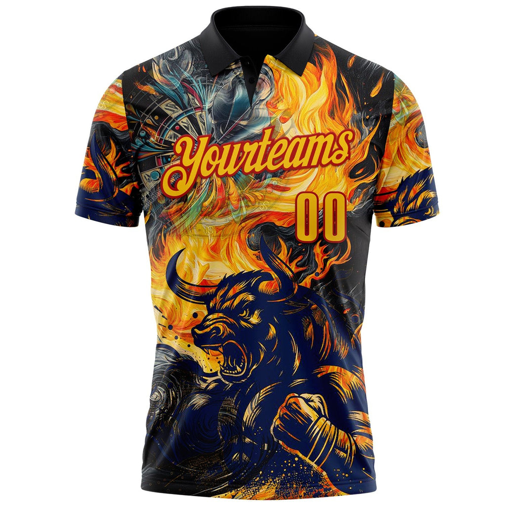 Custom Black Yellow-Red Darts Bull Fire Dartboard Performance Polo Shirt photo 2