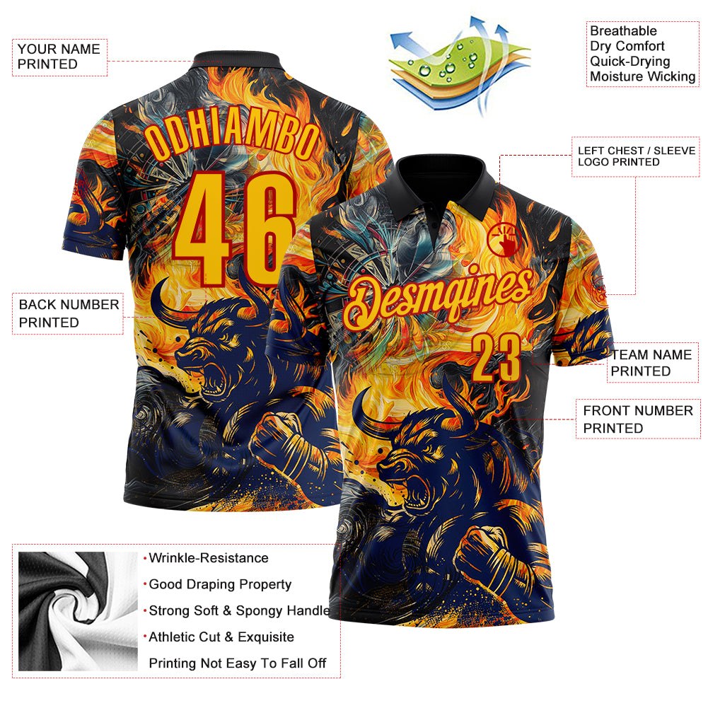 Custom Black Yellow-Red Darts Bull Fire Dartboard Performance Polo Shirt photo 3