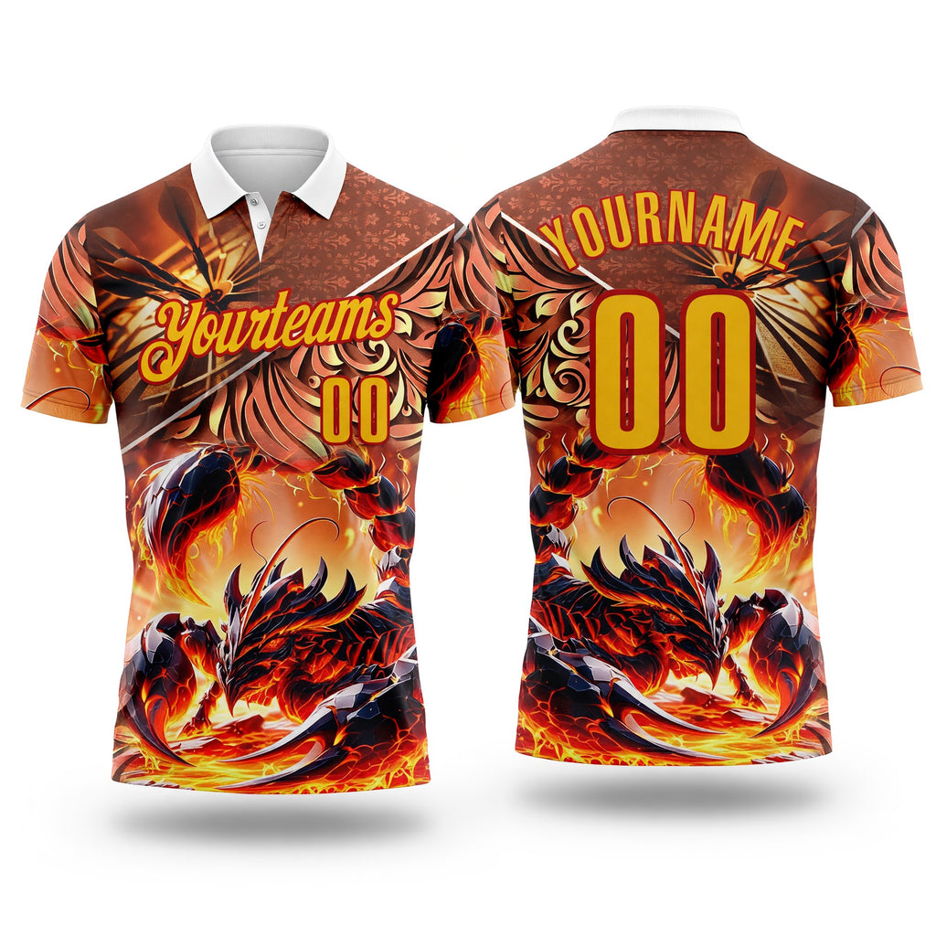 Custom Yellow-Red Darts Fire Scorpion Dartboard Performance Polo Shirt