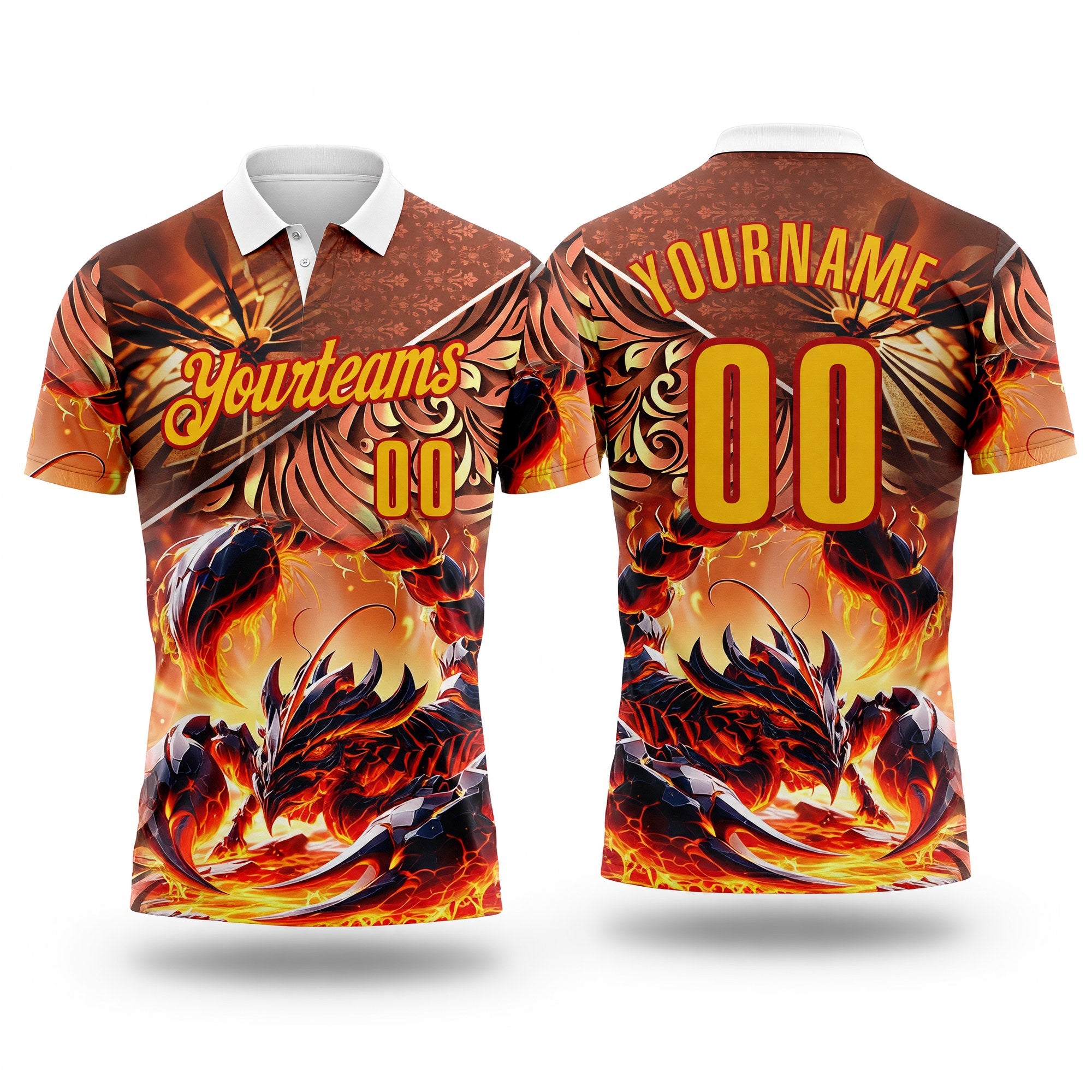Custom Yellow-Red Darts Fire Scorpion Dartboard Performance Polo Shirt