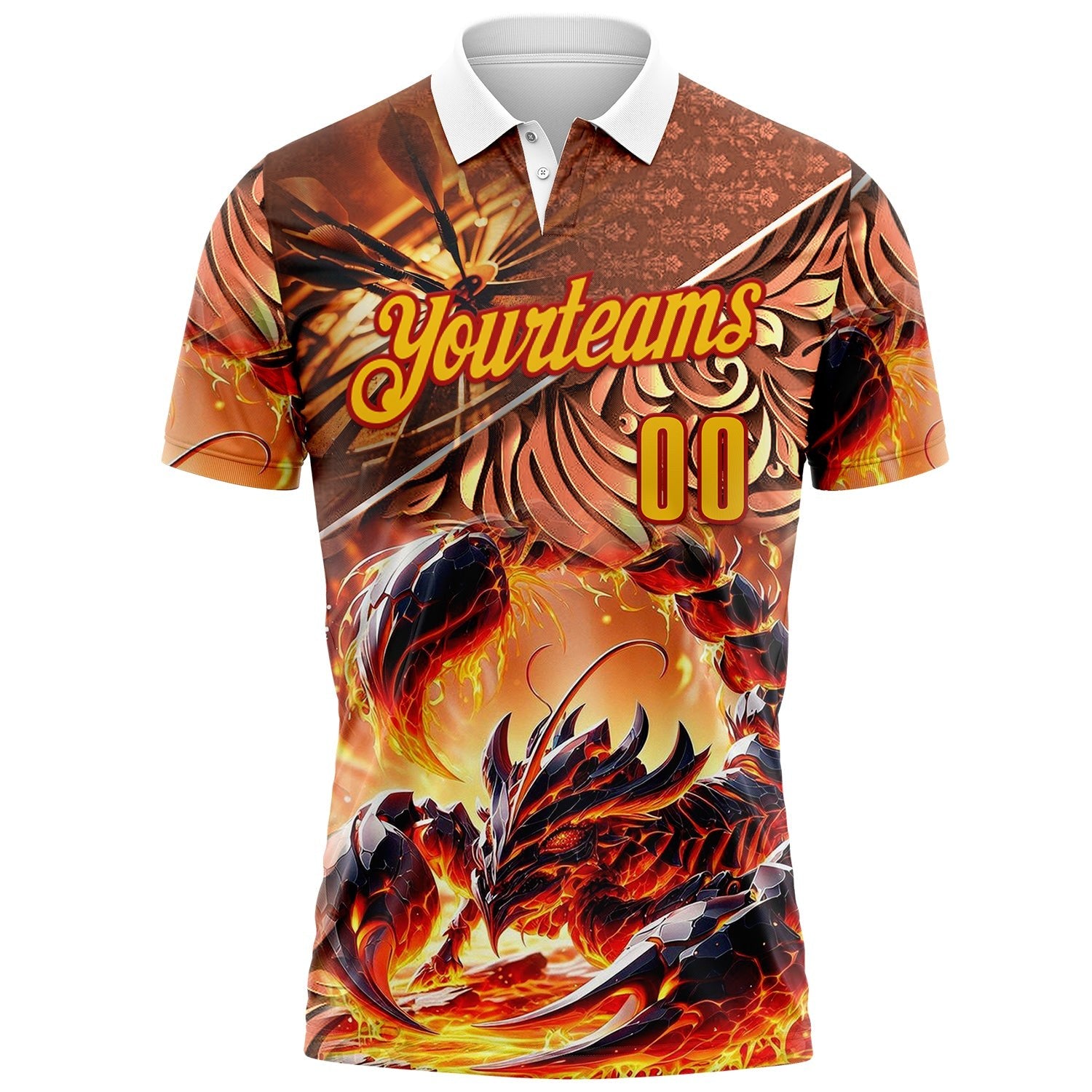 Custom Yellow-Red Darts Fire Scorpion Dartboard Performance Polo Shirt photo 2
