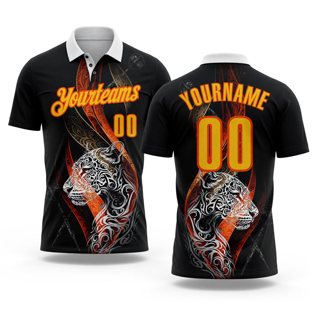 Custom Black Yellow-Orange Darts Tiger Dartboard Performance Polo Shirt