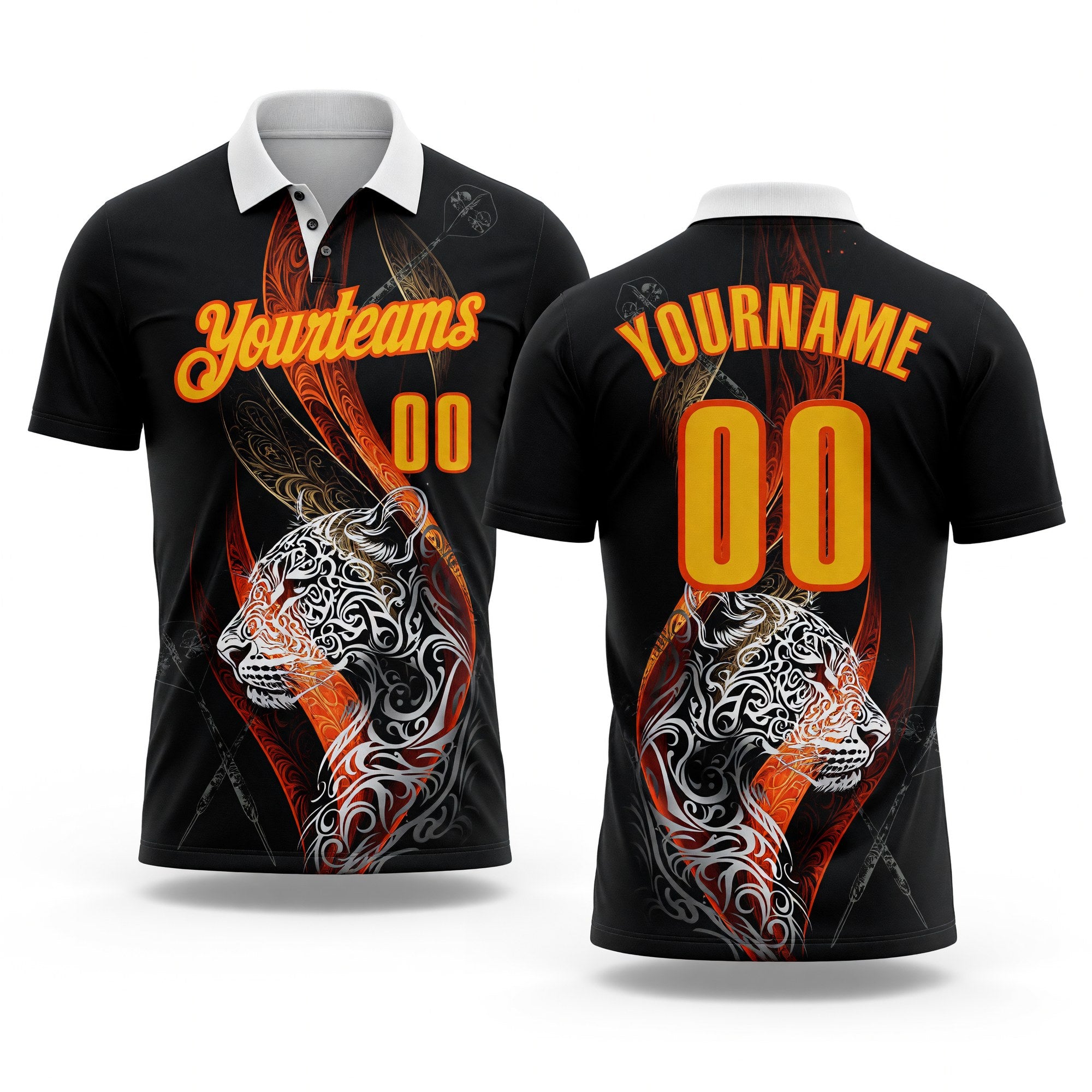 Custom Black Yellow-Orange Darts Tiger Dartboard Performance Polo Shirt