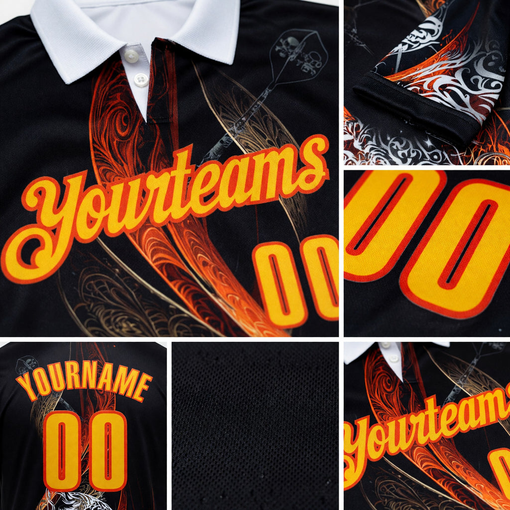 Custom Black Yellow-Orange Darts Tiger Dartboard Performance Polo Shirt detail