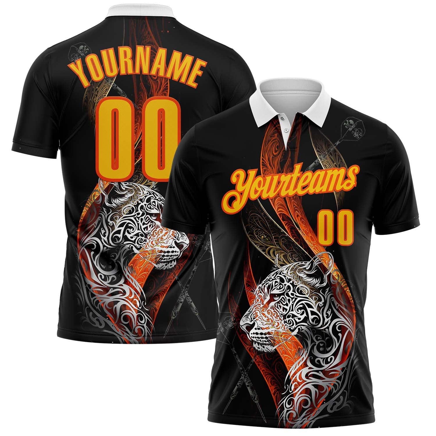 Custom Black Yellow-Orange Darts Tiger Dartboard Performance Polo Shirt photo 1