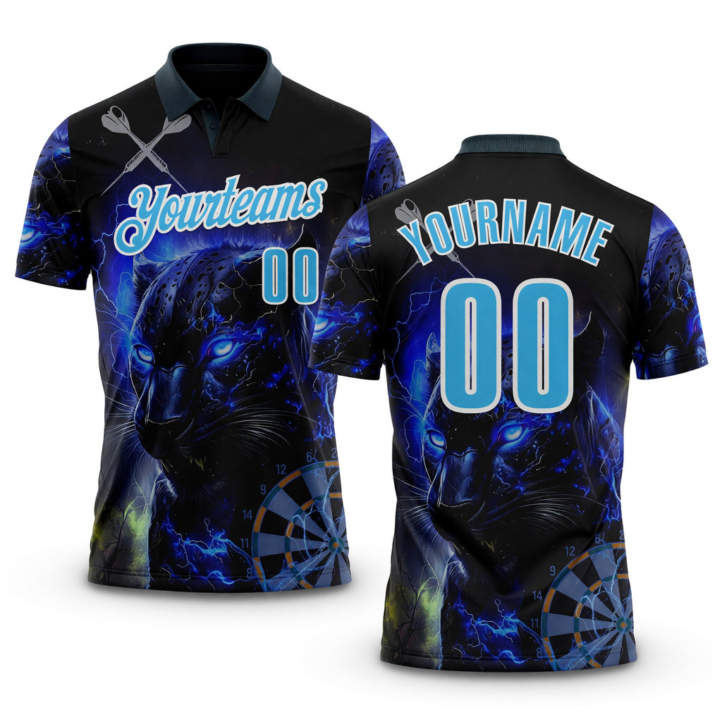 Custom Black Sky Blue-White Darts Panther lightning Dartboard Performance Polo Shirt
