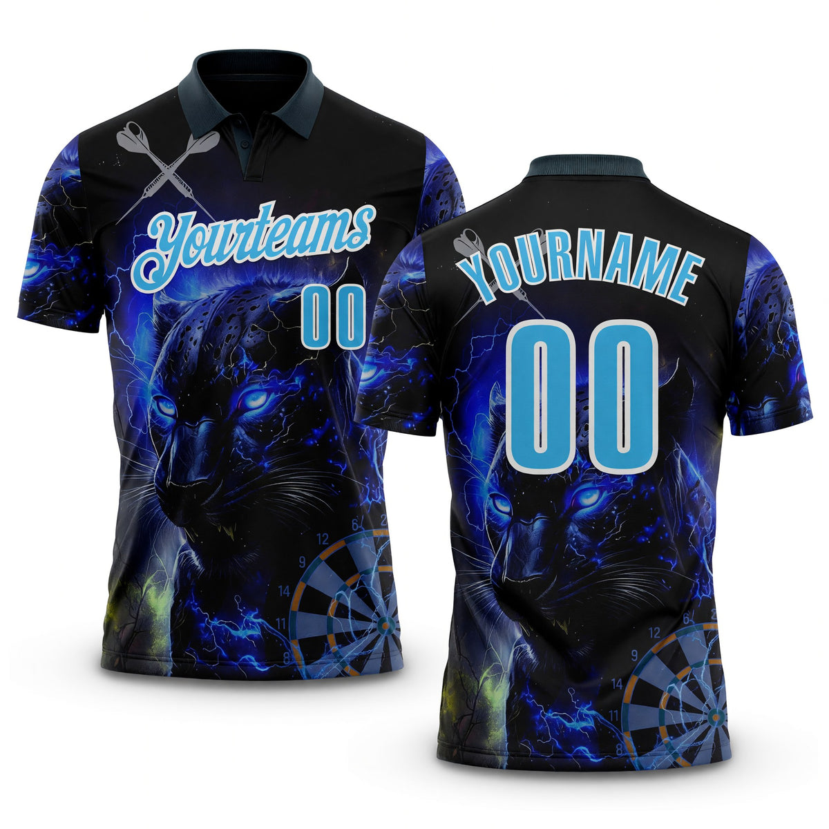 Custom Black Sky Blue-White Darts Panther lightning Dartboard Performance Polo Shirt