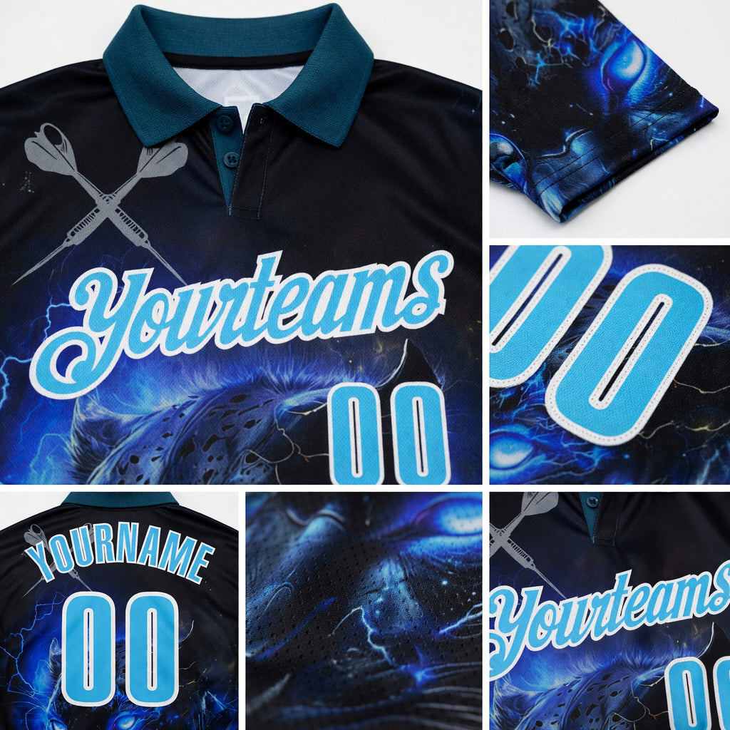 Custom Black Sky Blue-White Darts Panther lightning Dartboard Performance Polo Shirt detail