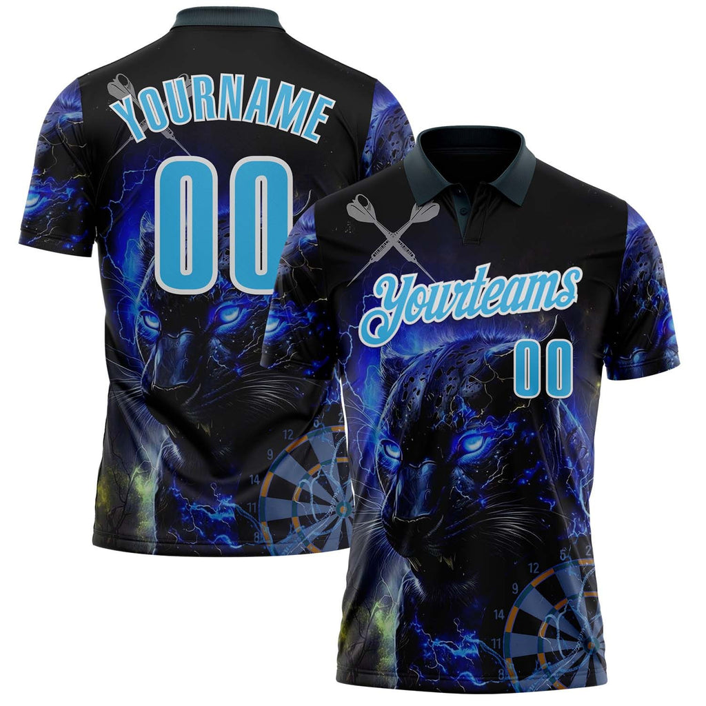 Custom Black Sky Blue-White Darts Panther lightning Dartboard Performance Polo Shirt photo 1