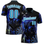 Custom Black Sky Blue-White Darts Panther lightning Dartboard Performance Polo Shirt photo 1
