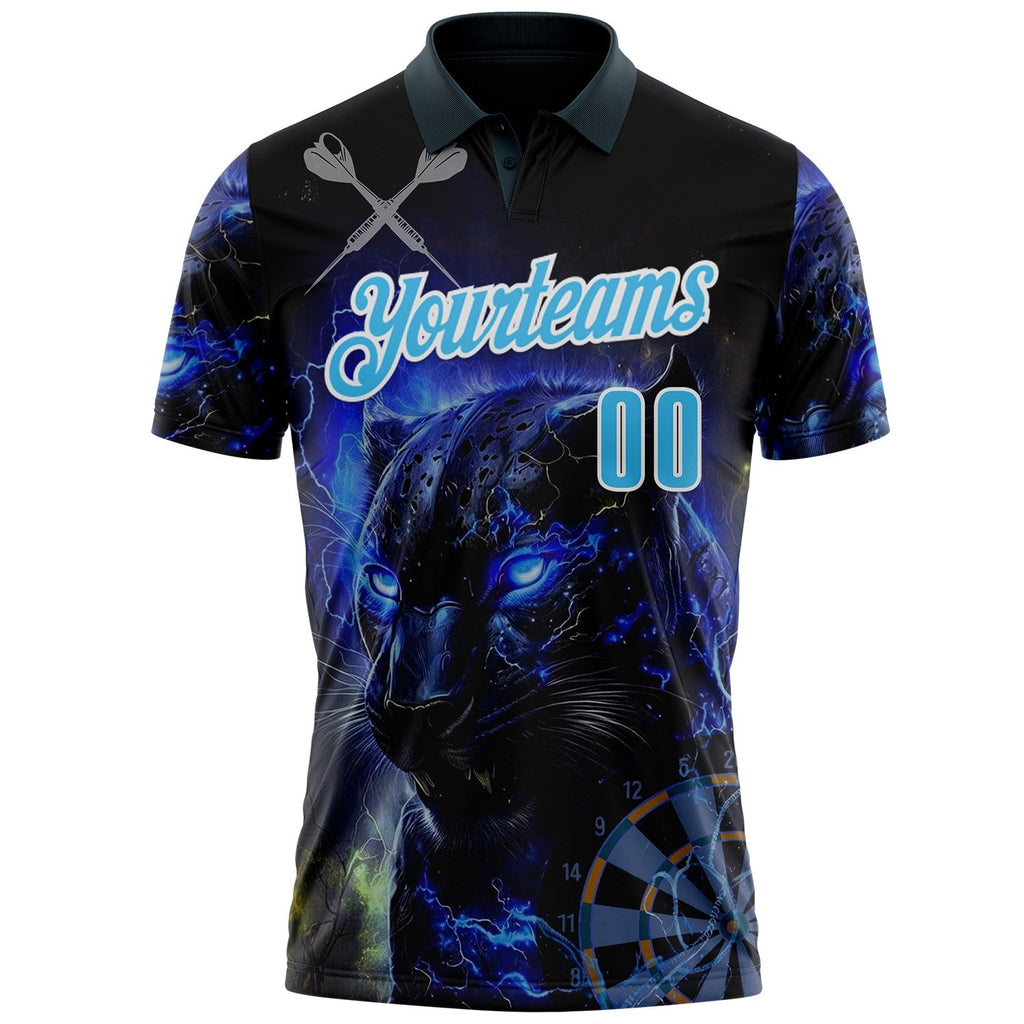 Custom Black Sky Blue-White Darts Panther lightning Dartboard Performance Polo Shirt photo 2