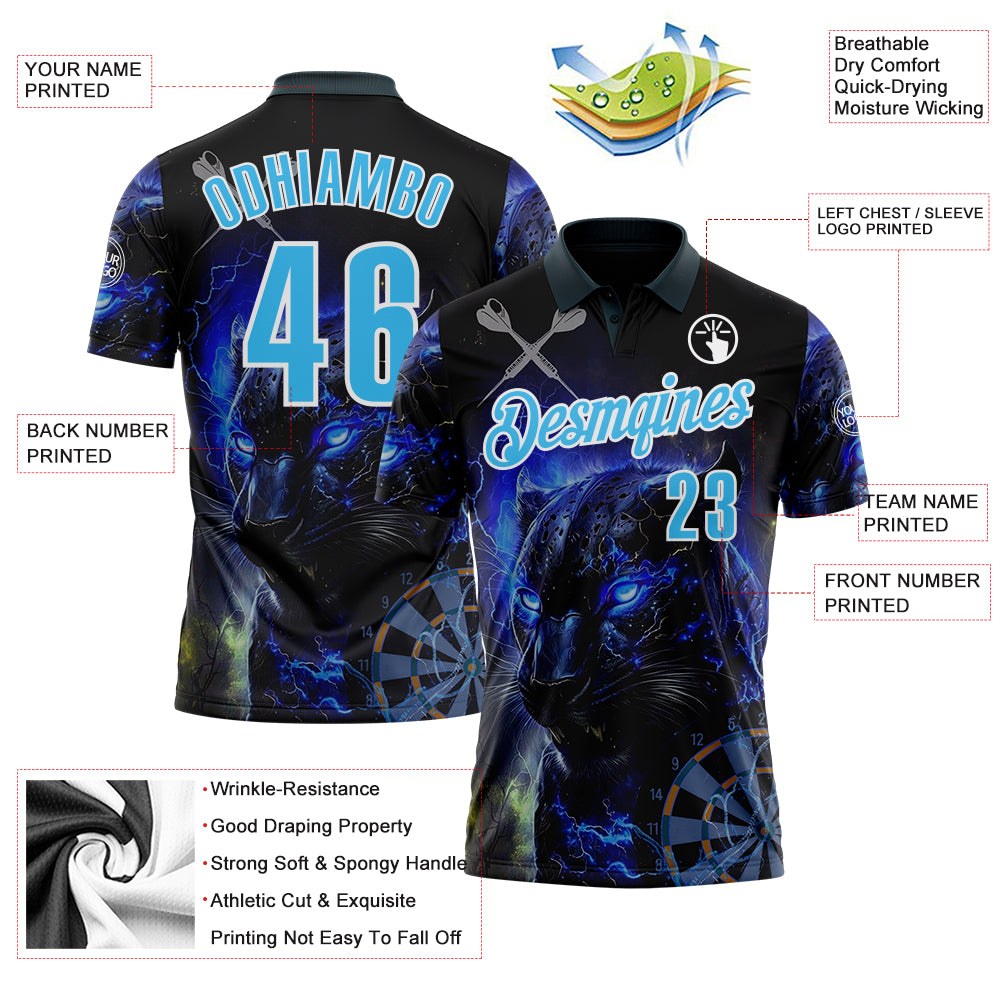 Custom Black Sky Blue-White Darts Panther lightning Dartboard Performance Polo Shirt photo 3