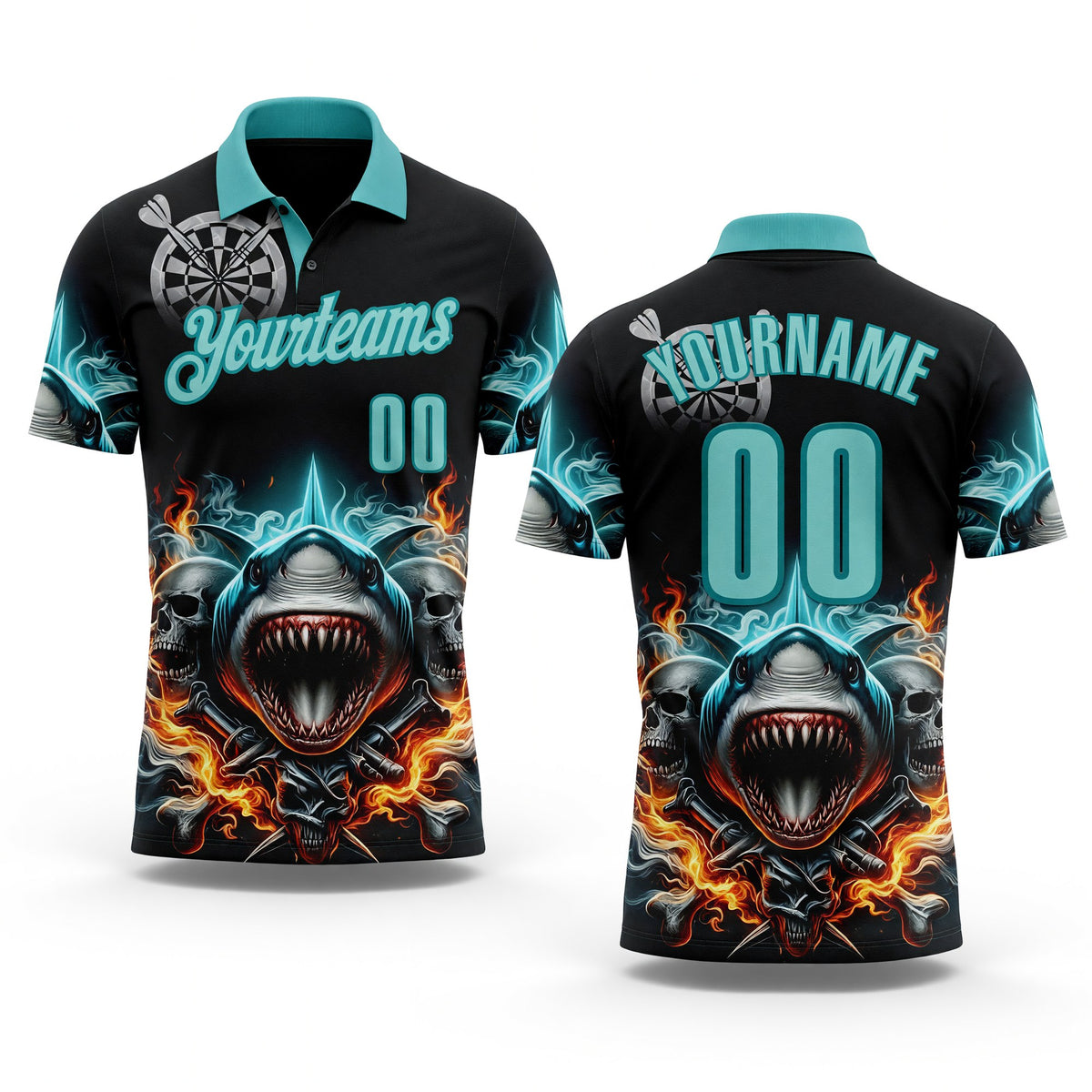 Custom Black Ice Blue-Teal Darts Fire Sharke Dartboard Performance Polo Shirt