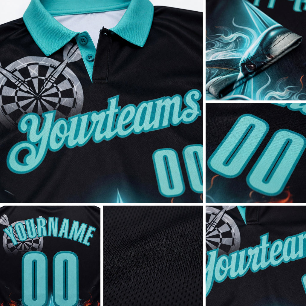 Custom Black Ice Blue-Teal Darts Fire Sharke Dartboard Performance Polo Shirt detail