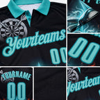 Custom Black Ice Blue-Teal Darts Fire Sharke Dartboard Performance Polo Shirt detail