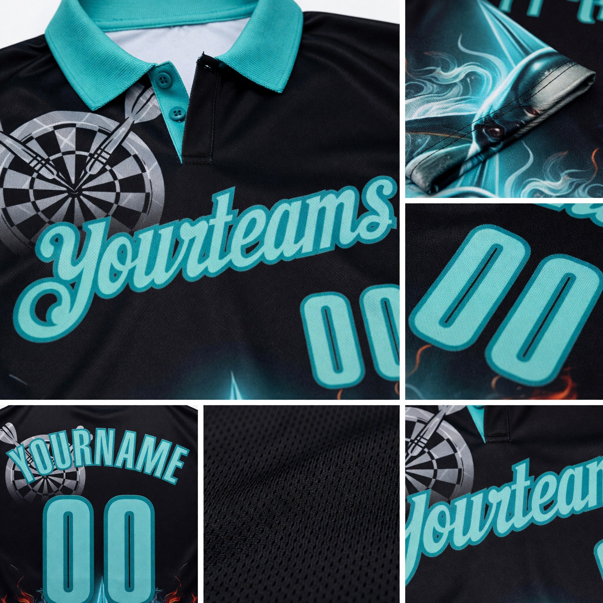 Custom Black Ice Blue-Teal Darts Fire Sharke Dartboard Performance Polo Shirt detail