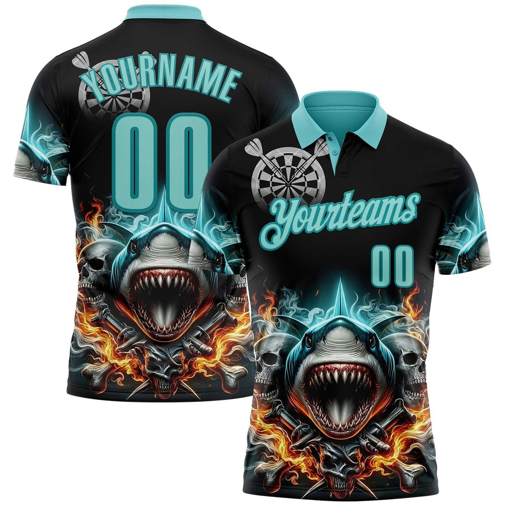 Custom Black Ice Blue-Teal Darts Fire Sharke Dartboard Performance Polo Shirt photo 1