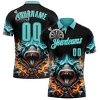 Custom Black Ice Blue-Teal Darts Fire Sharke Dartboard Performance Polo Shirt photo 1