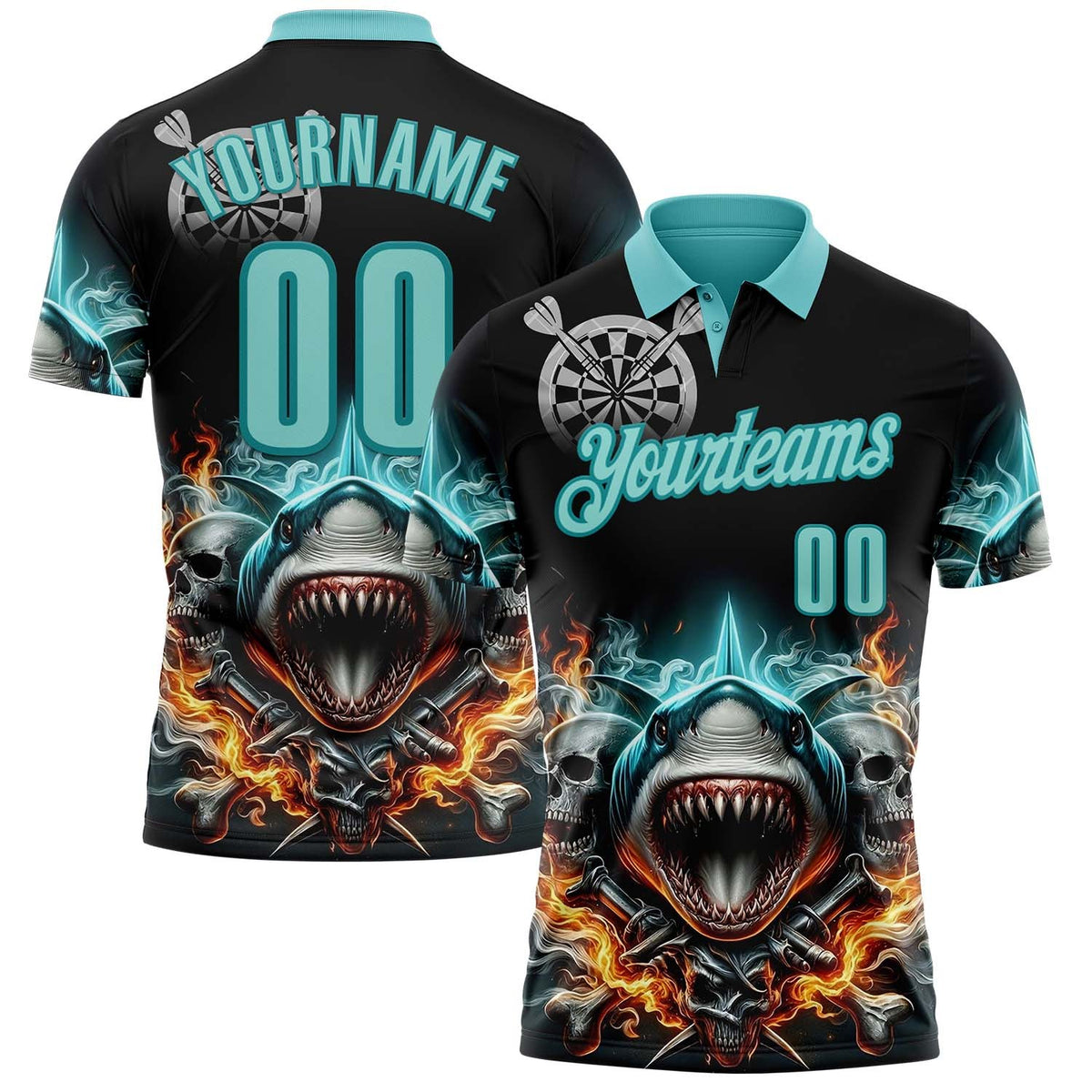 Custom Black Ice Blue-Teal Darts Fire Sharke Dartboard Performance Polo Shirt photo 1