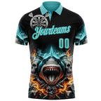 Custom Black Ice Blue-Teal Darts Fire Sharke Dartboard Performance Polo Shirt photo 2