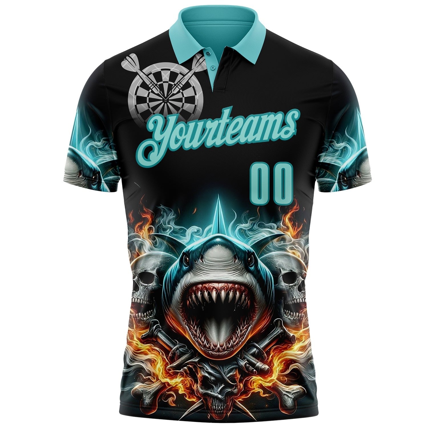 Custom Black Ice Blue-Teal Darts Fire Sharke Dartboard Performance Polo Shirt photo 2