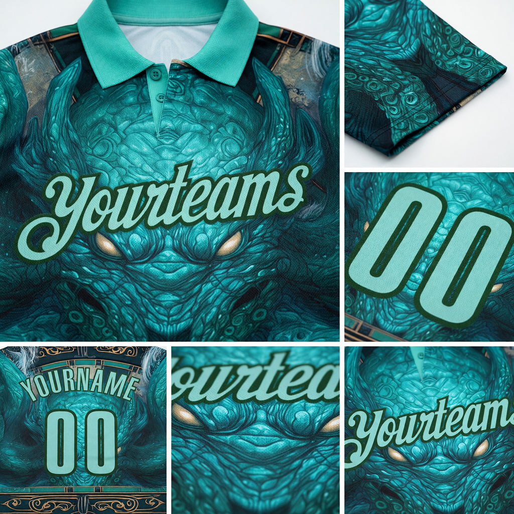 Custom Blue Ice Blue-Teal Darts Monster Dartboard Performance Polo Shirt detail