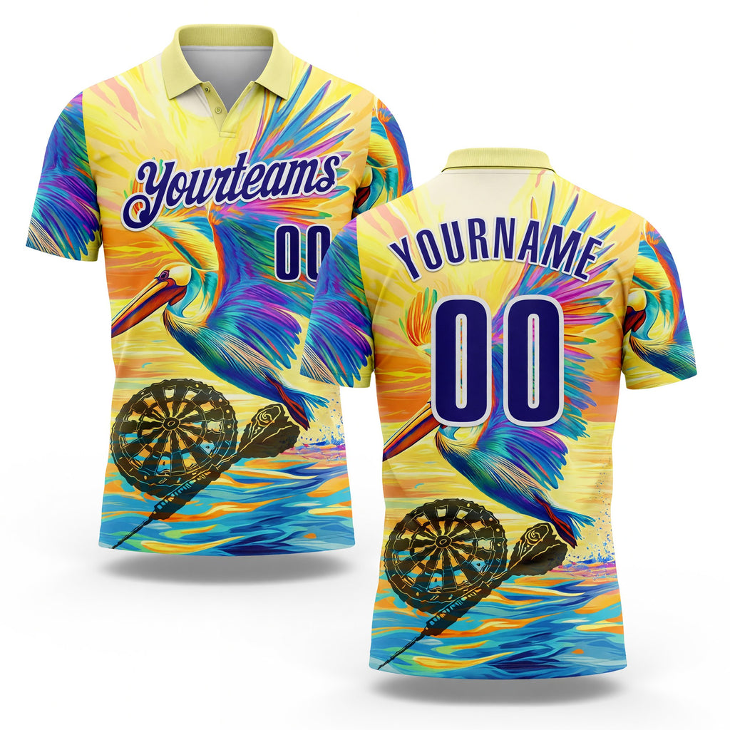 Custom Yellow Dark Purple-White Darts Tropical Pelican Dartboard Performance Polo Shirt