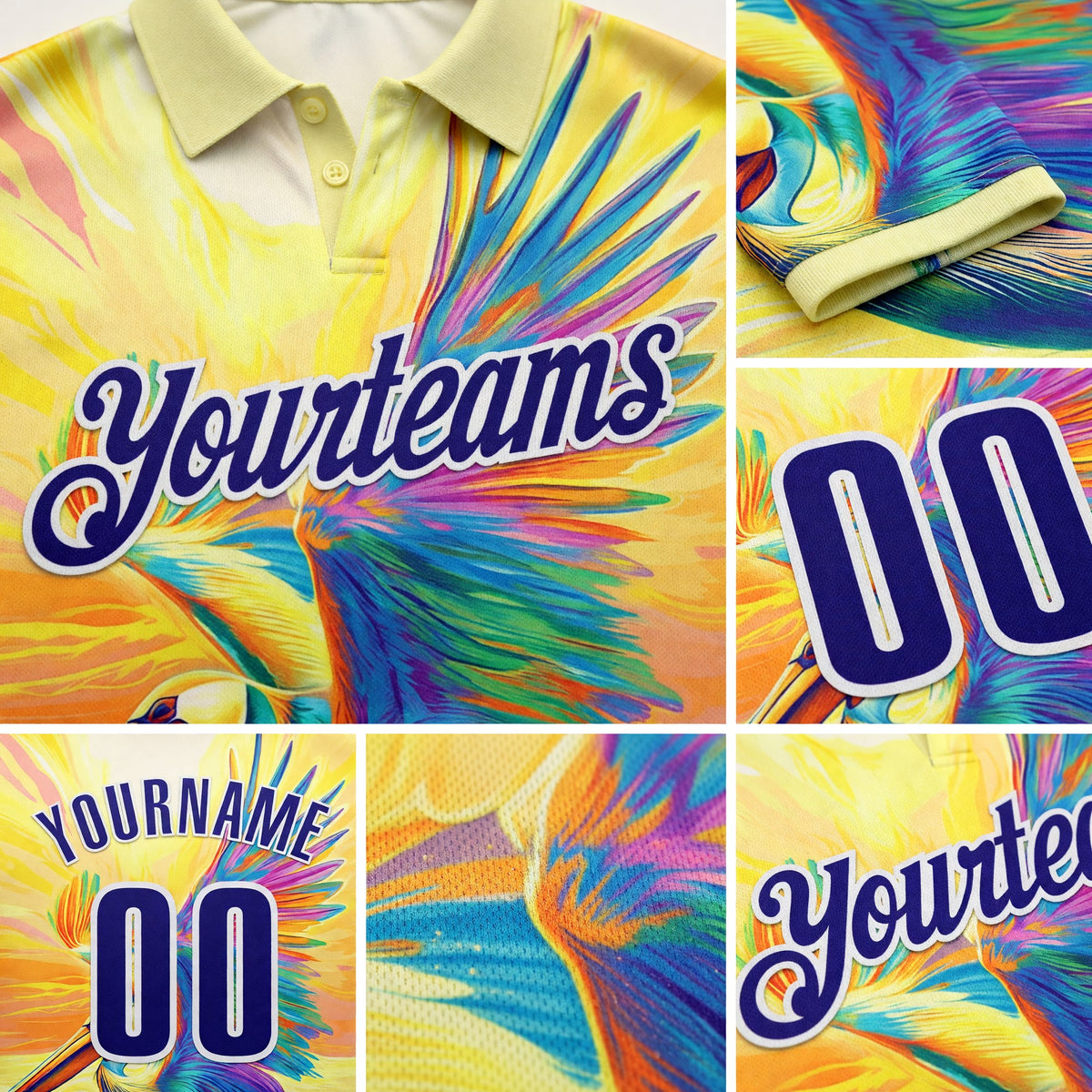 Custom Yellow Dark Purple-White Darts Tropical Pelican Dartboard Performance Polo Shirt detail