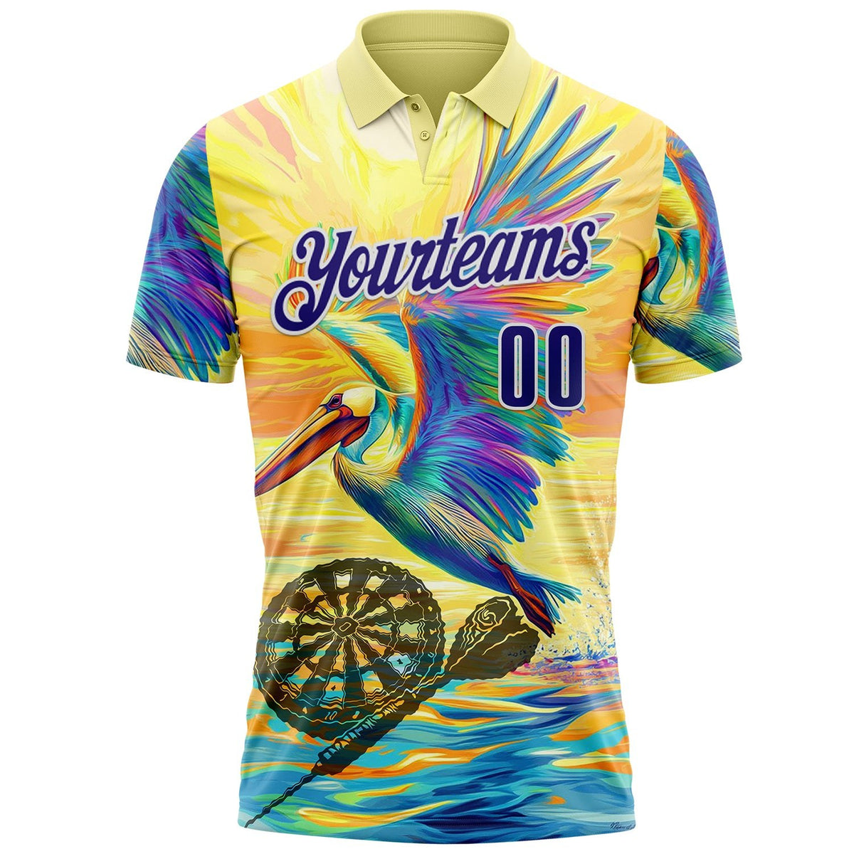 Custom Yellow Dark Purple-White Darts Tropical Pelican Dartboard Performance Polo Shirt photo 1