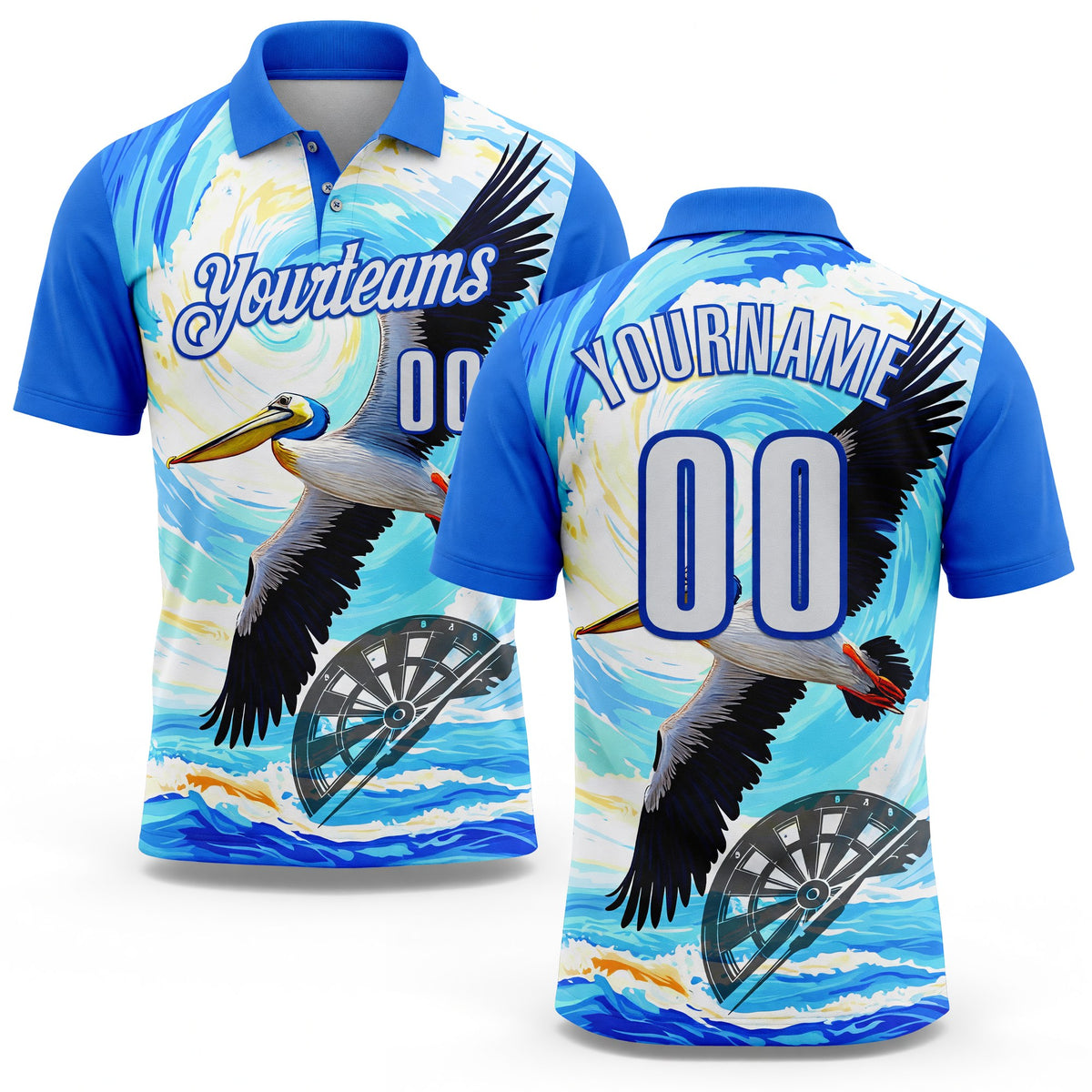 Custom Blue White-Thunder Blue Darts Tropical Pelican Dartboard Performance Polo Shirt