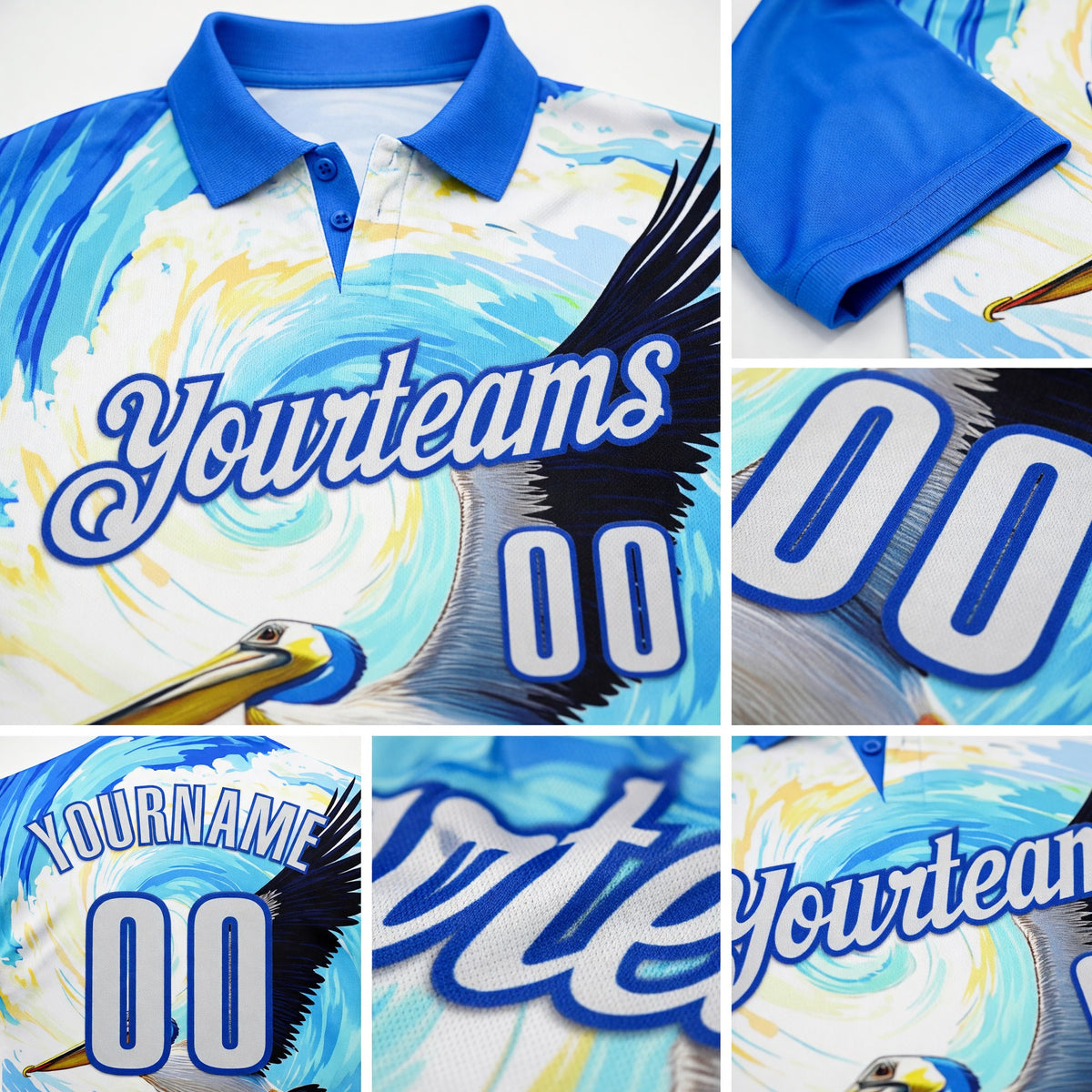 Custom Blue White-Thunder Blue Darts Tropical Pelican Dartboard Performance Polo Shirt detail
