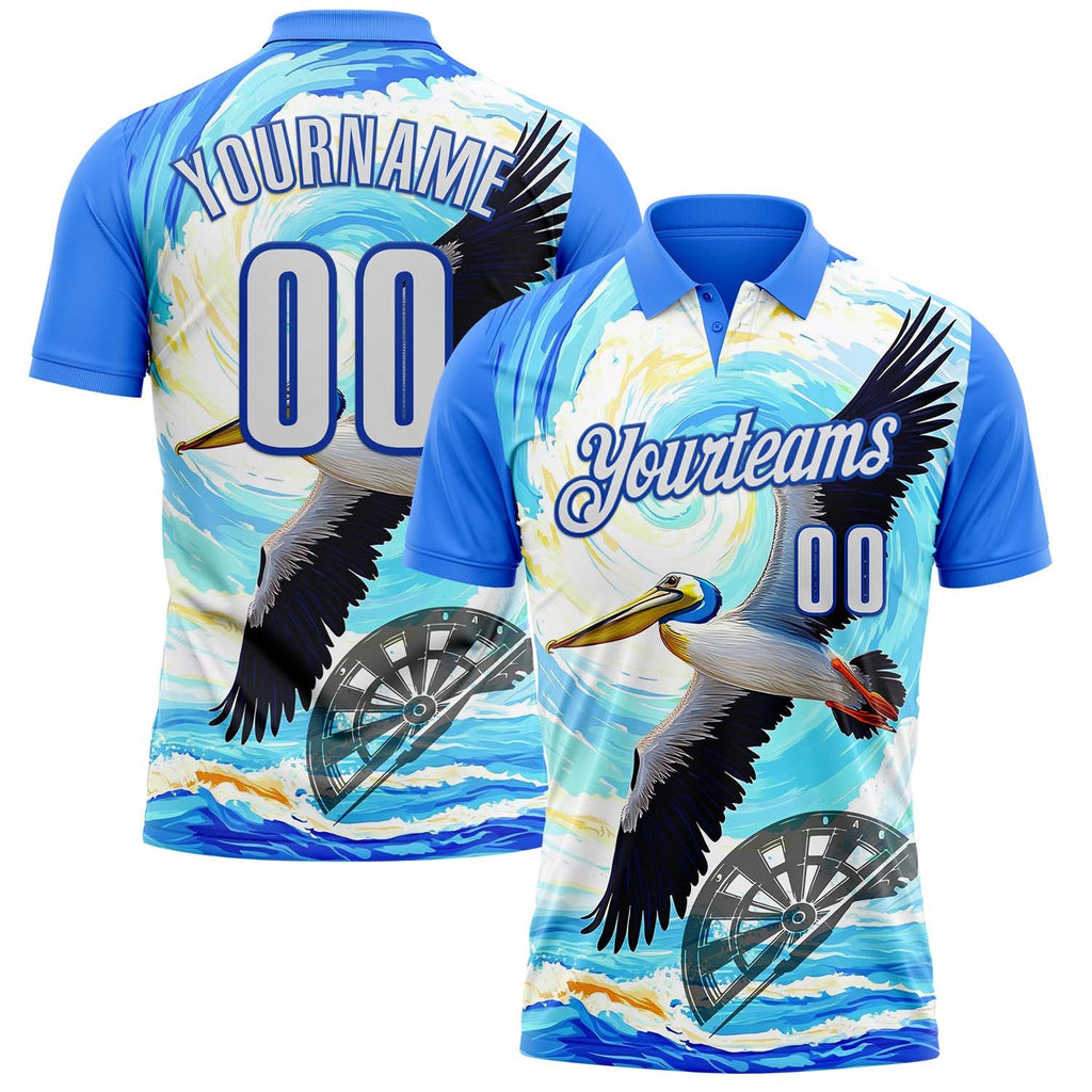 Custom Blue White-Thunder Blue Darts Tropical Pelican Dartboard Performance Polo Shirt photo 1