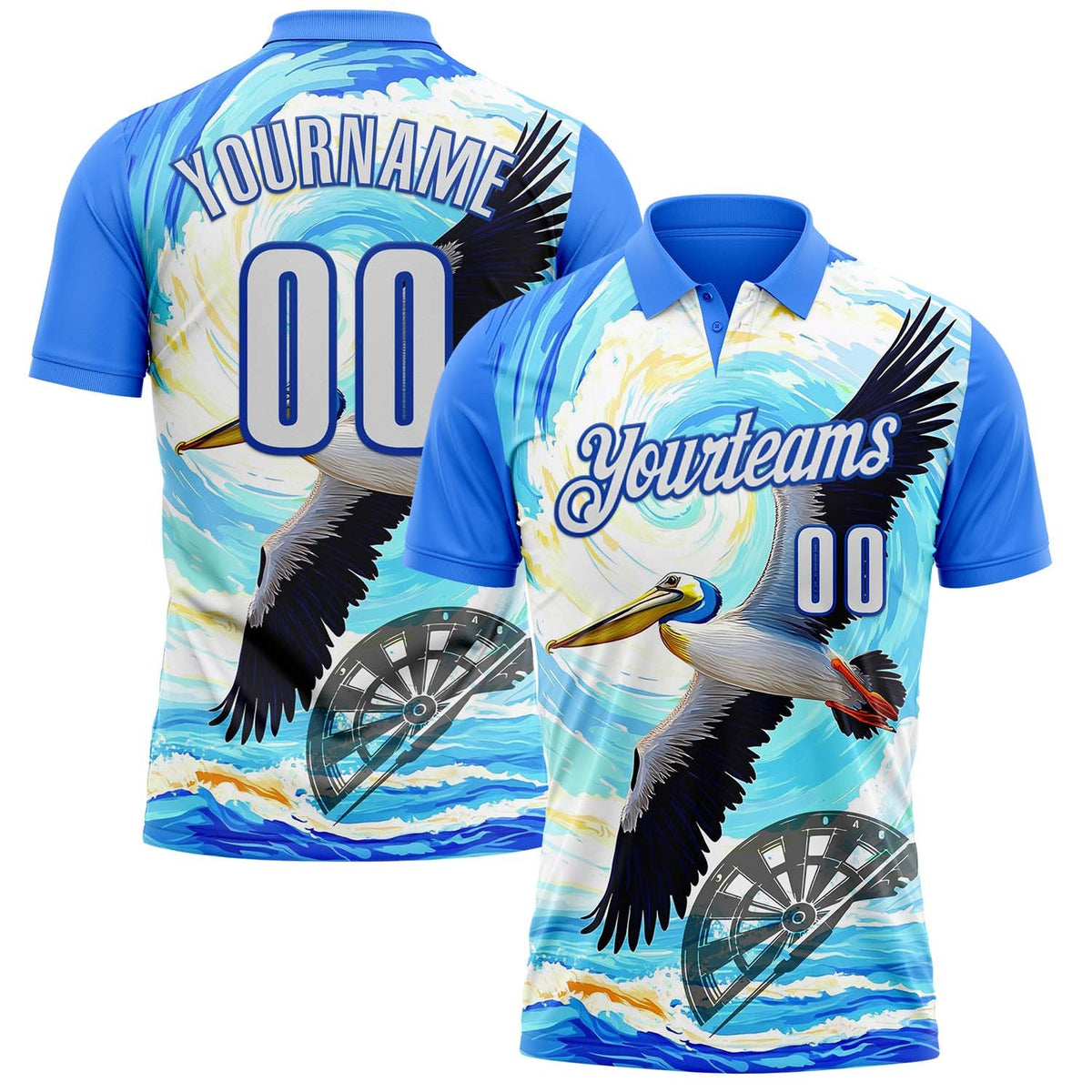 Custom Blue White-Thunder Blue Darts Tropical Pelican Dartboard Performance Polo Shirt photo 1