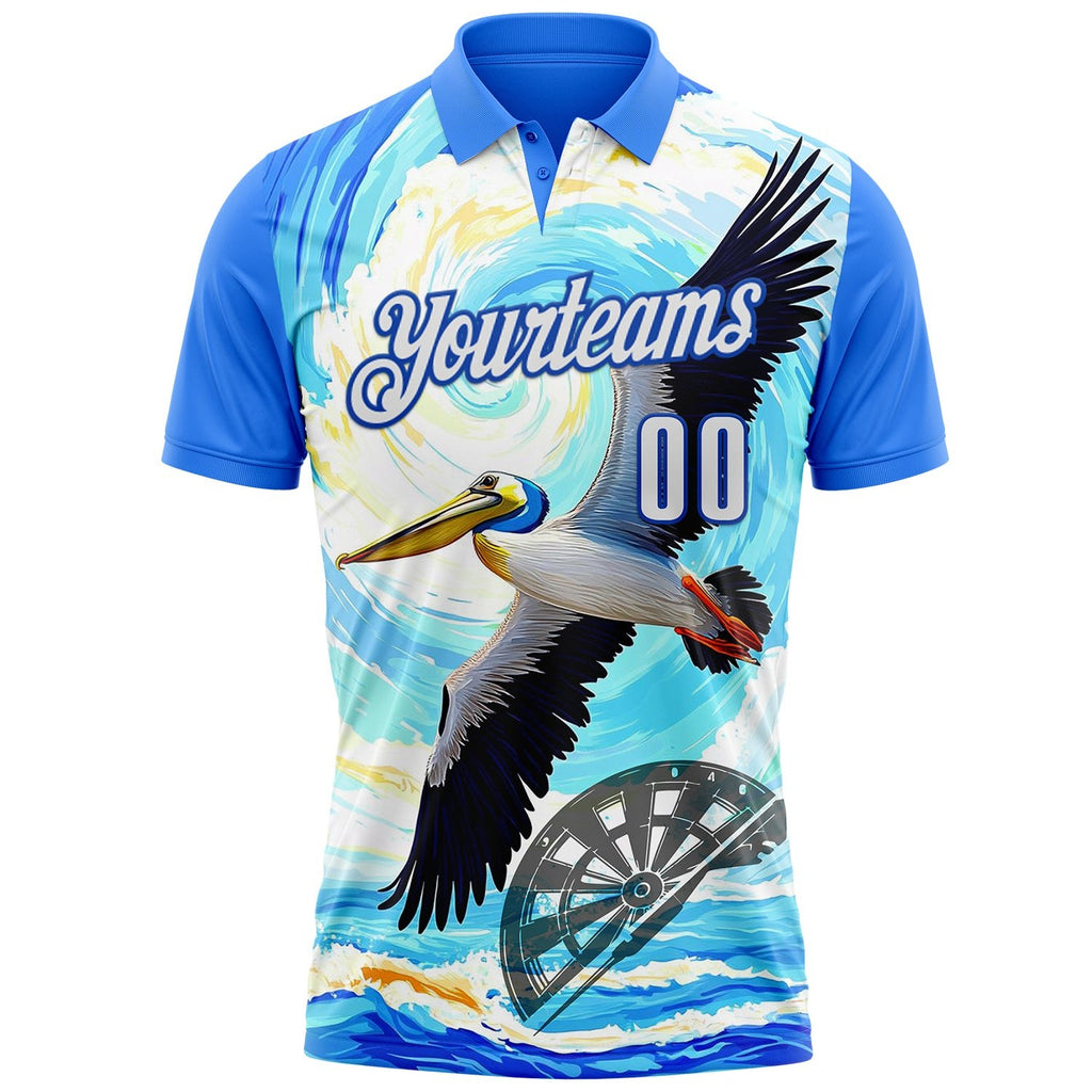 Custom Blue White-Thunder Blue Darts Tropical Pelican Dartboard Performance Polo Shirt photo 2