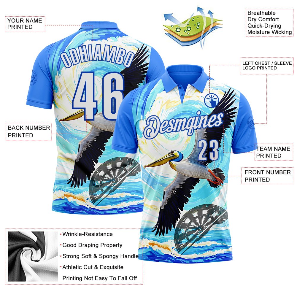 Custom Blue White-Thunder Blue Darts Tropical Pelican Dartboard Performance Polo Shirt photo 3