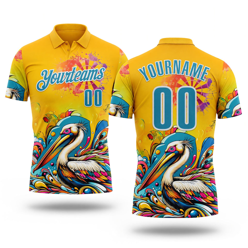 Custom Yellow Panther Blue-White Darts Tropical Pelican Dartboard Performance Polo Shirt