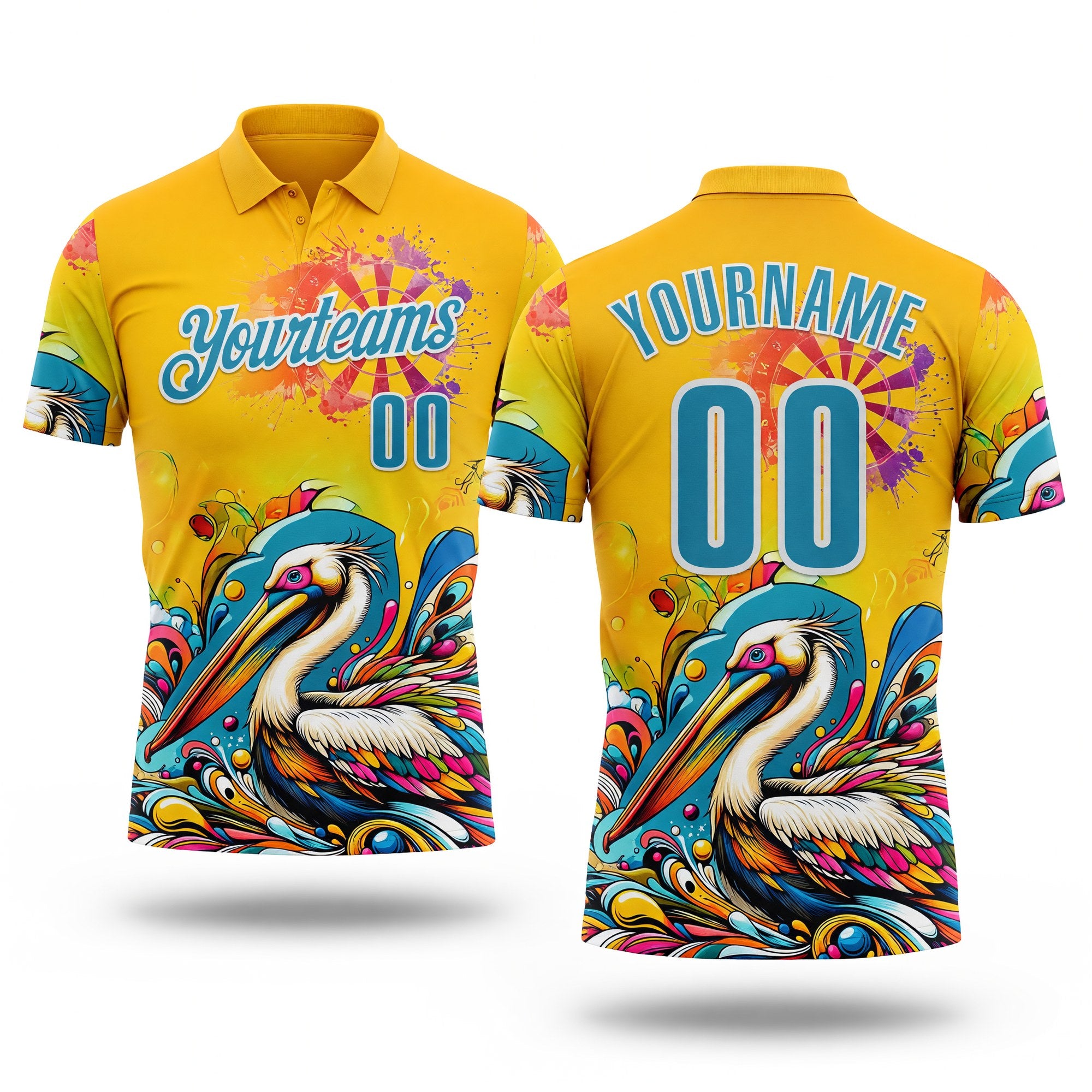 Custom Yellow Panther Blue-White Darts Tropical Pelican Dartboard Performance Polo Shirt